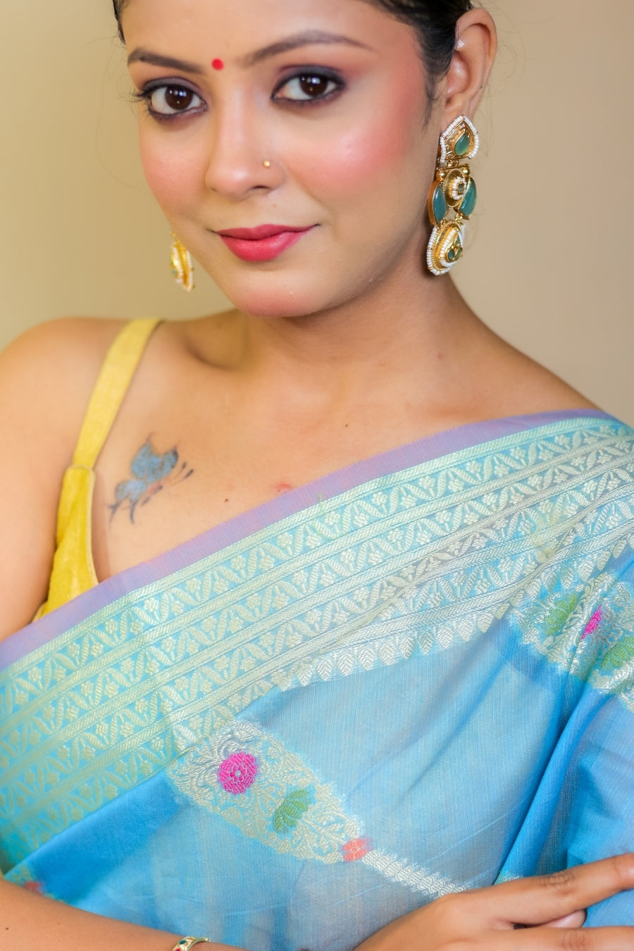 Majestic Aqua Blue Banarashe Pure Mercerised Cotton Silk Saree with Zari Motifs