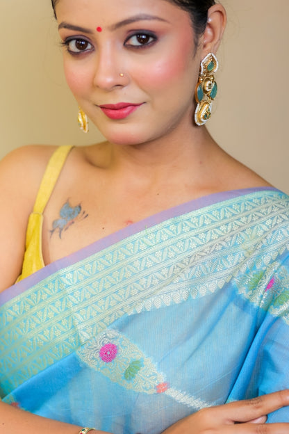 Majestic Aqua Blue Banarashe Pure Mercerised Cotton Silk Saree with Zari Motifs