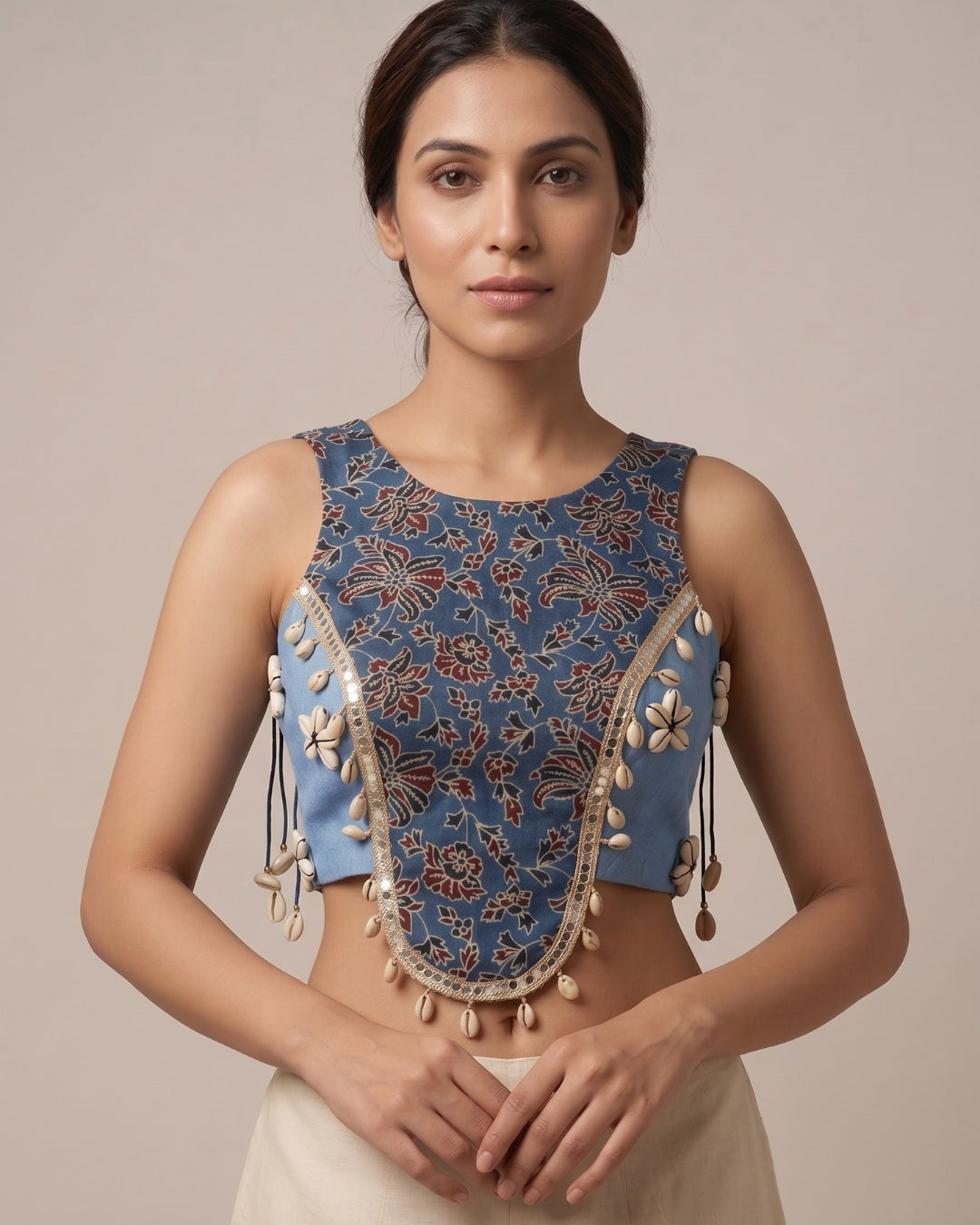 Blue Kalamkari Printed Halter Blouse with Cowrie Shells