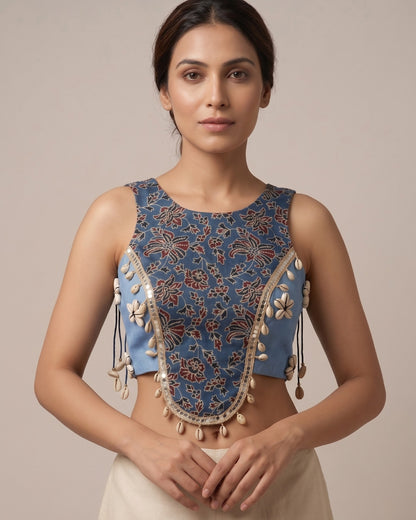 Blue Kalamkari Printed Halter Blouse with Cowrie Shells