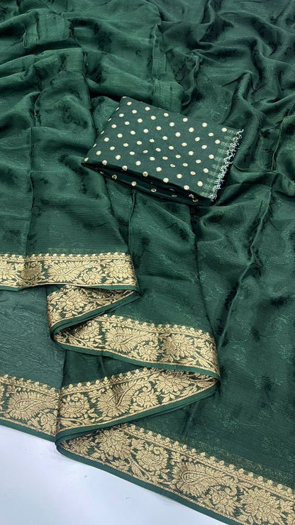 Bottle Green Pure Chinon Chiffon Saree with Antique Gold Zari Weaving Border