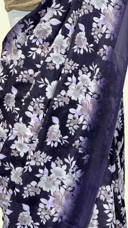Purple Floral Printed Synthetic Saree