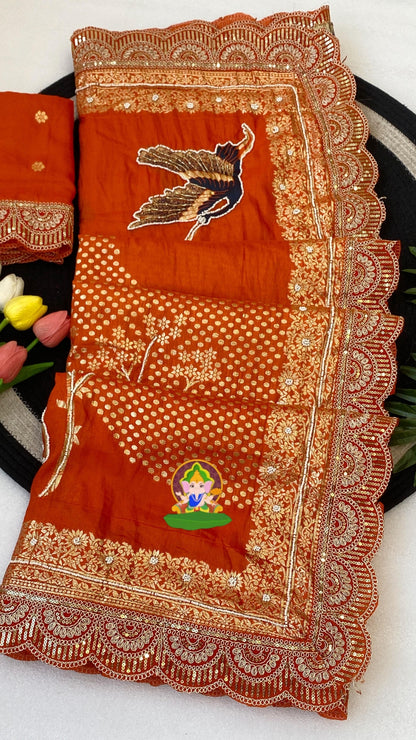 Orange Dola Silk Saree with Handcrafted Crane Motif