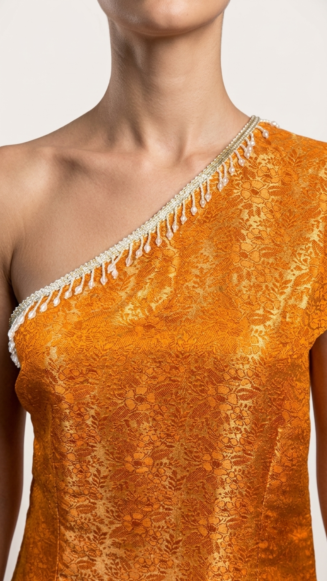 Banarashe Women’s Golden Orange One-Shoulder Kurta with Wide-Leg Pants Set