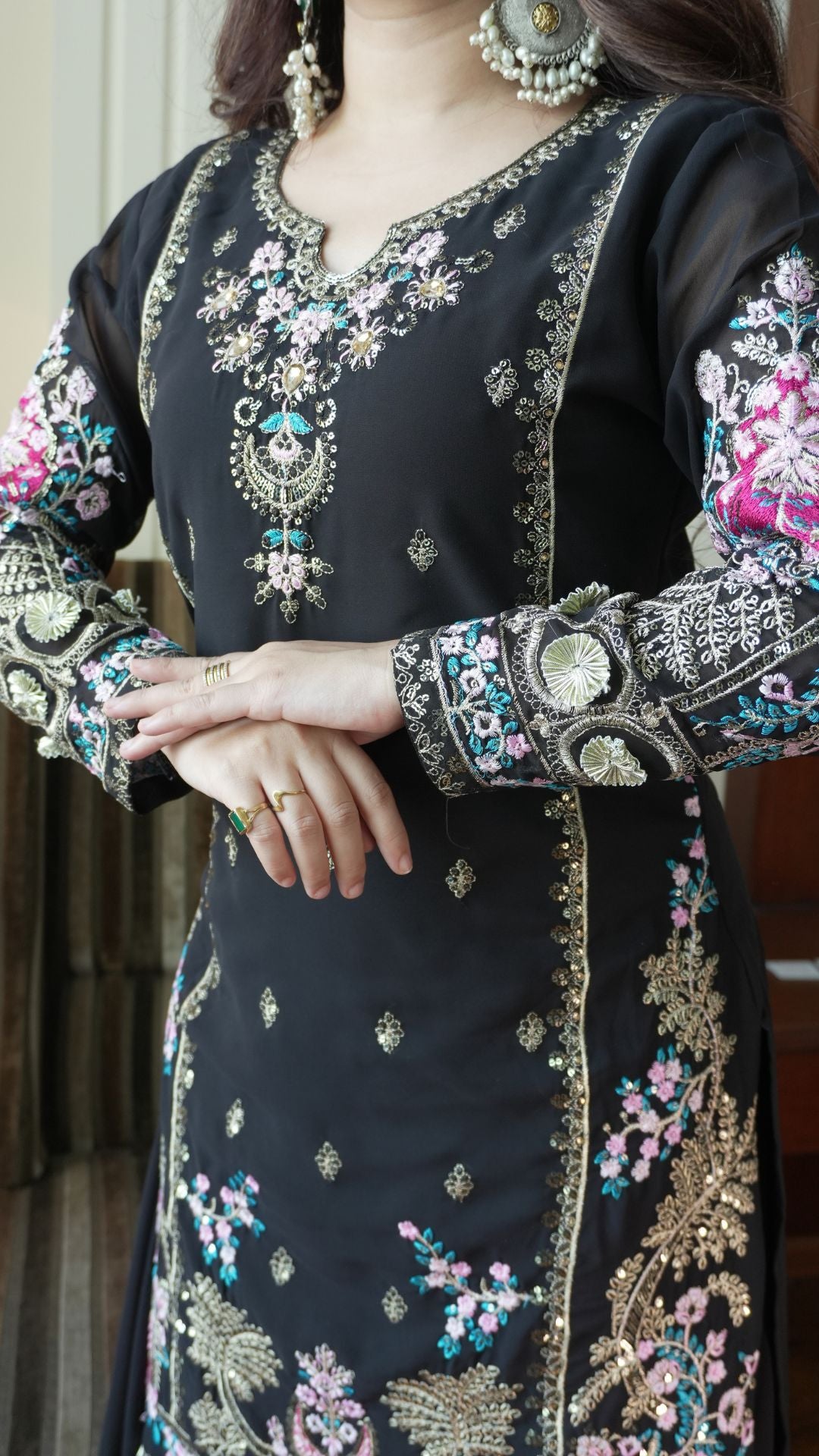 Midnight Black Embroidered Georgette Gown Set with Plazzo & Dupatta