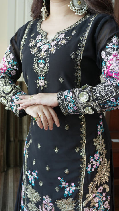 Midnight Black Embroidered Georgette Gown Set with Plazzo & Dupatta