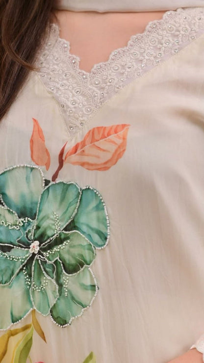 Floral Handwork Organza Suit Set with Reshmi Dupatta