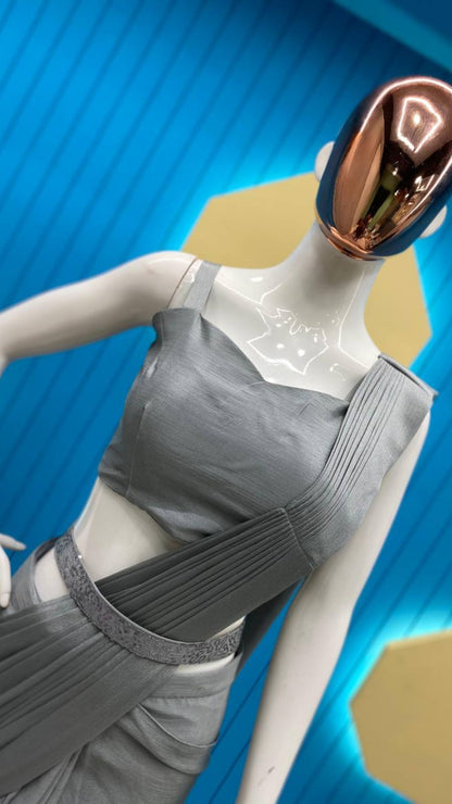 Grey Chinon Ready-to-Wear Saree with Sequin Embroidered Half Sleeve Koti & Belt