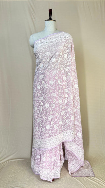 Elegant baby pink chikankari Saree with White Floral Embroidery,