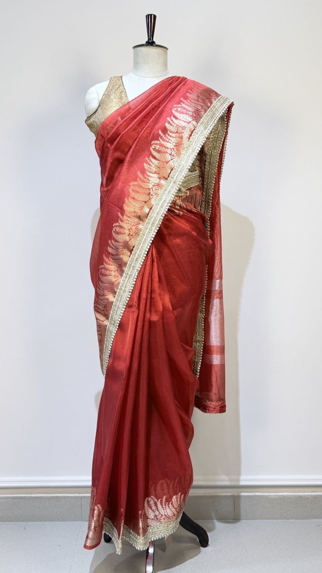 Red Tissue Saree with Rich Zari Border & Moti Lace