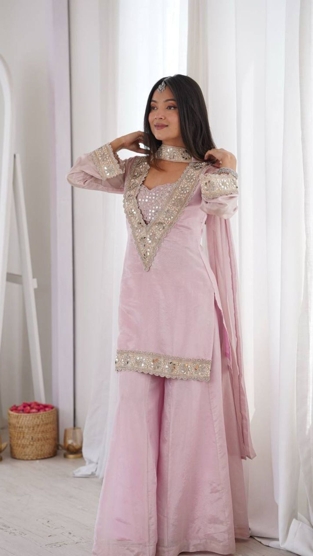 Pink Mirror Work Palazzo Suit Set for Women