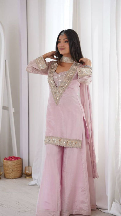 Pink Mirror Work Palazzo Suit Set for Women