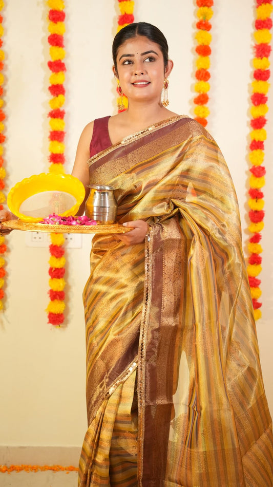 Golden Pure Tissue Silk Lace Work Gota patti designe Saree with Maroon Border
