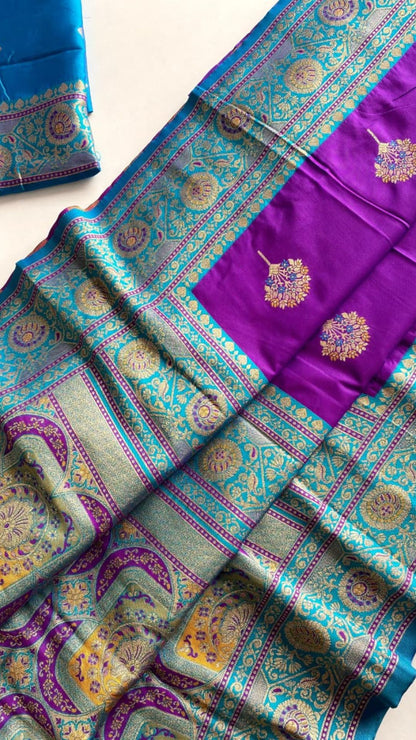 Royal Purple Premium Banarasi Silk Saree with Meenakari Weave & Contrast Blouse