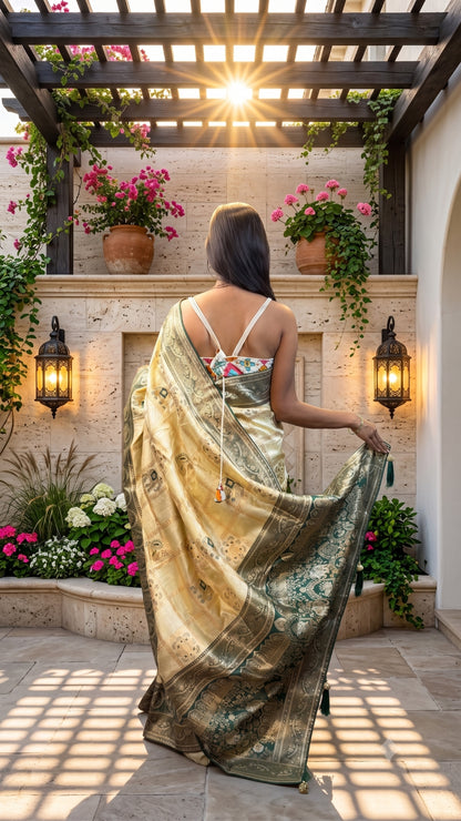 The Royal Ivory & Bottle Green Banarasi Soft Silk Saree