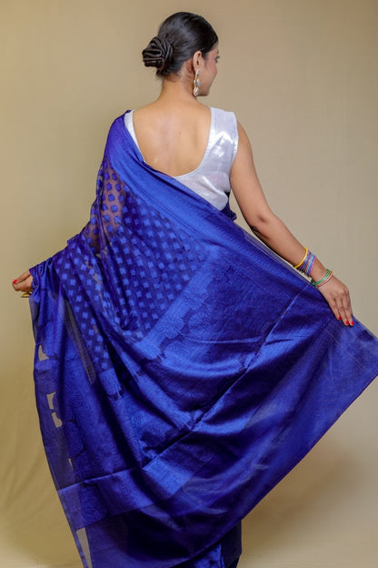 Regal Electric Blue Designer Banarasi Pure Silk Saree with Geometric and Floral Weave