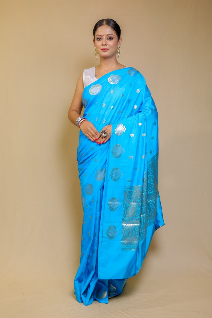Bright Azure Blue Banarasi Pure Kataan Mango Silk Saree with Silver Zari Motifs