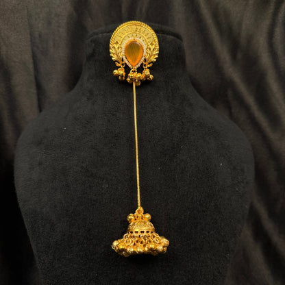Earrings with Orange Stone, Long Chain Dangle, Peacock Design