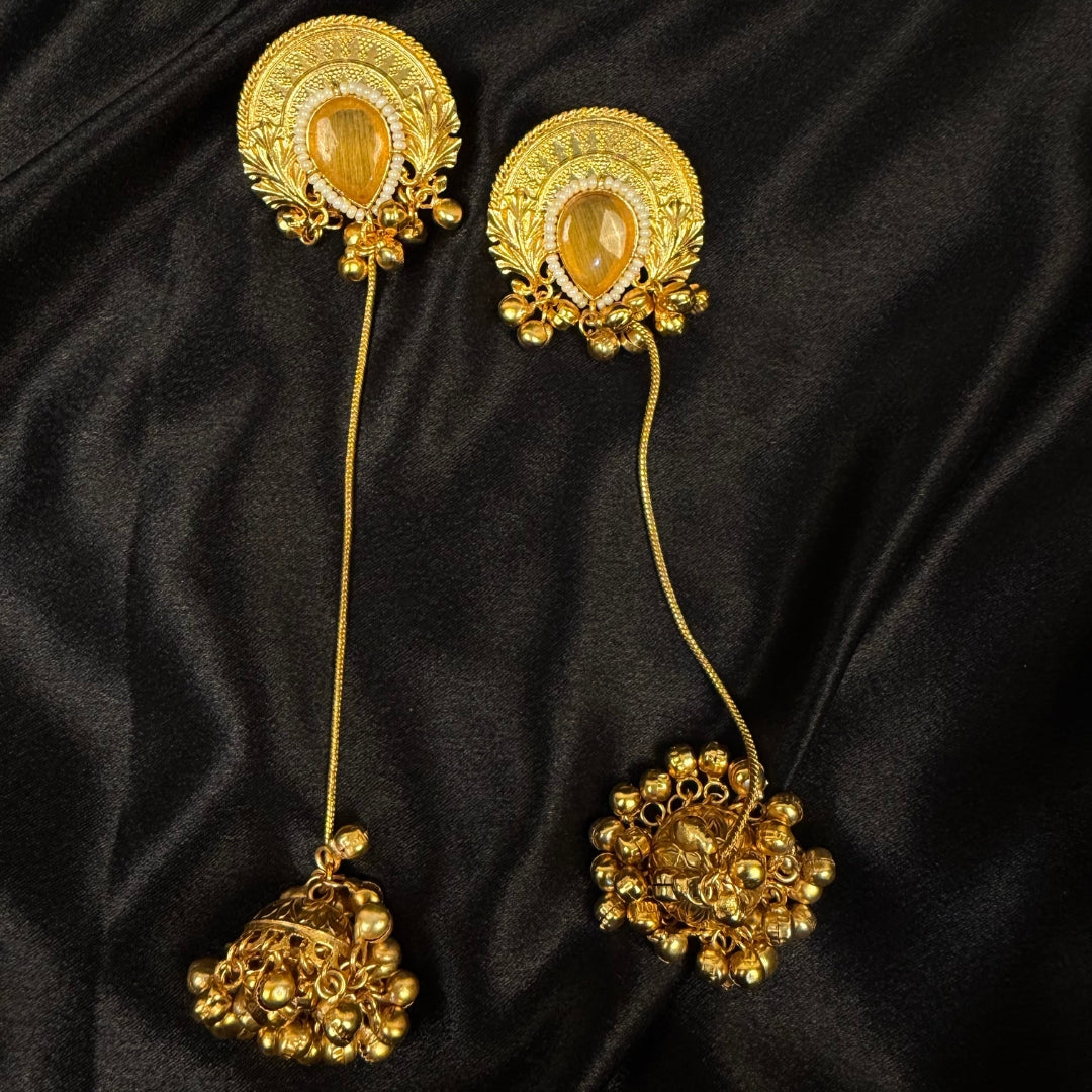 Earrings with Orange Stone, Long Chain Dangle, Peacock Design