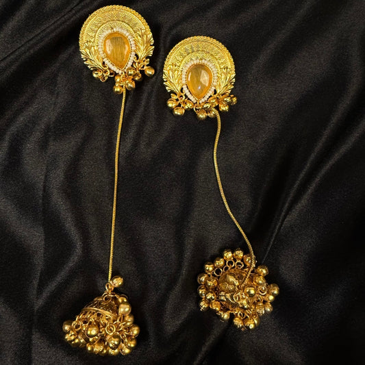 Earrings with Orange Stone, Long Chain Dangle, Peacock Design