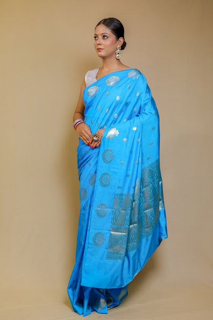 Bright Azure Blue Banarasi Pure Kataan Mango Silk Saree with Silver Zari Motifs