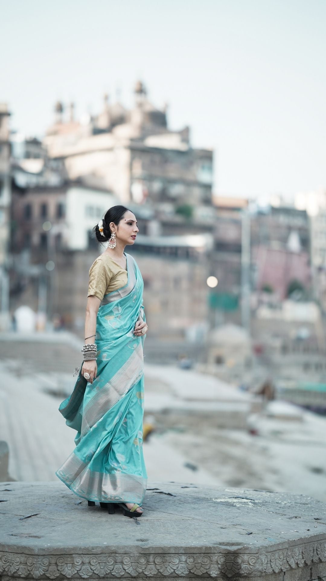 Banarashe Sky Blue Mercerised Cotton Alfi Saree with Silver Zari Work
