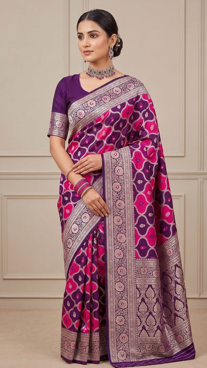 Banarashe Purple & Pink Mashru Silk Saree with Intricate Floral Woven Border & Traditional Motifs