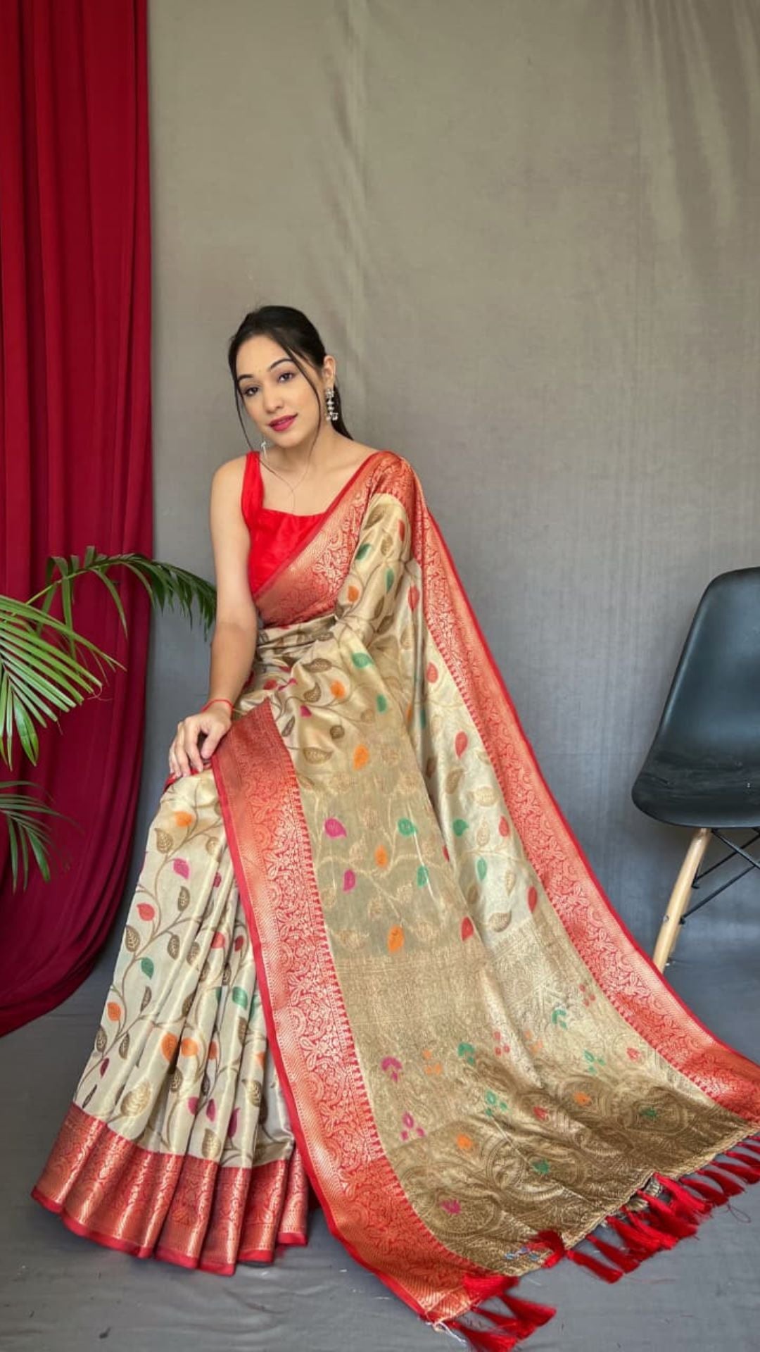 Gold Organza Tissue Silk Saree with Multicolor Buti & Red Zari Border