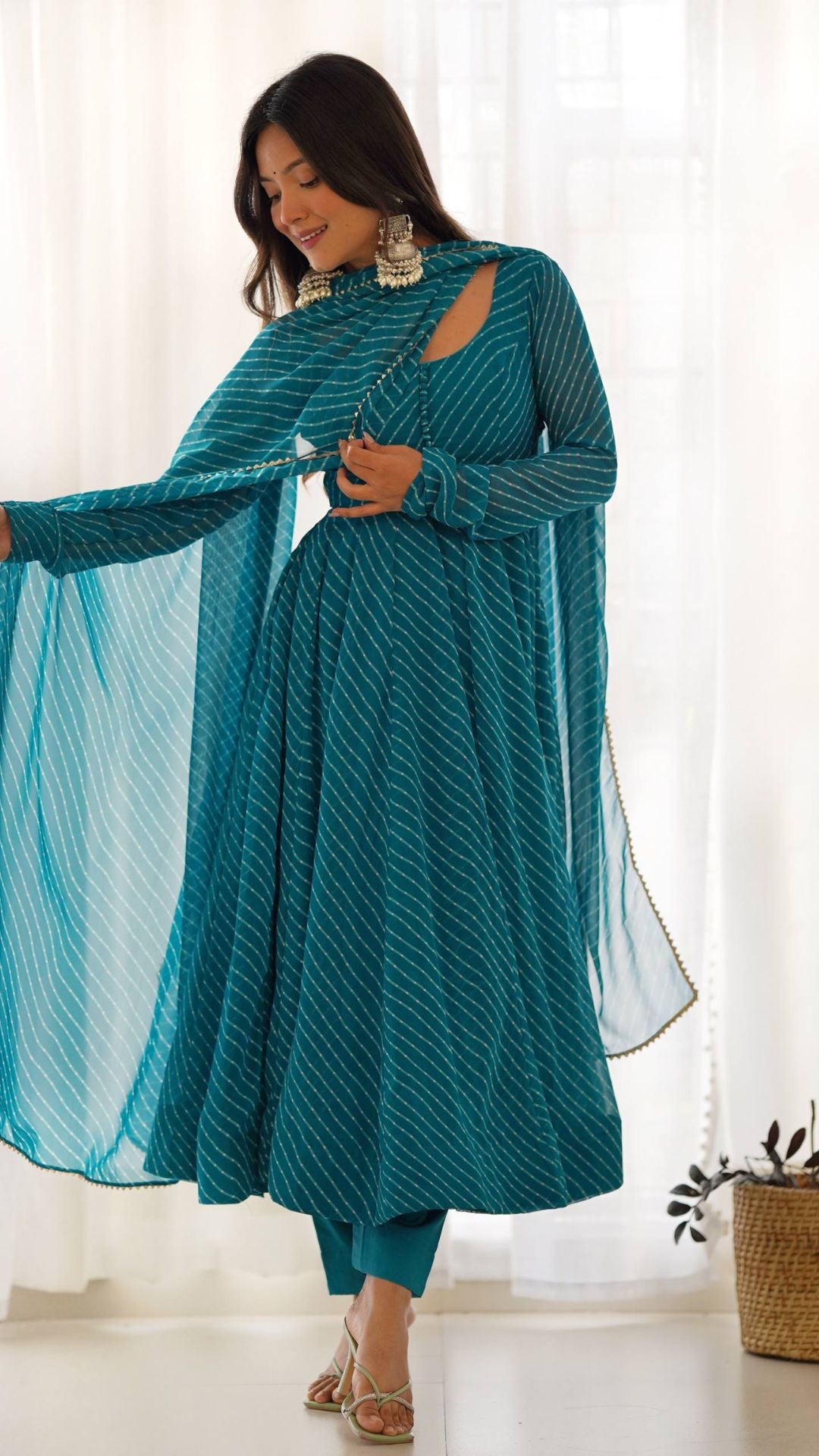 Rama Blue Fox Georgette Laheriya Anarkali Set with Dupatta