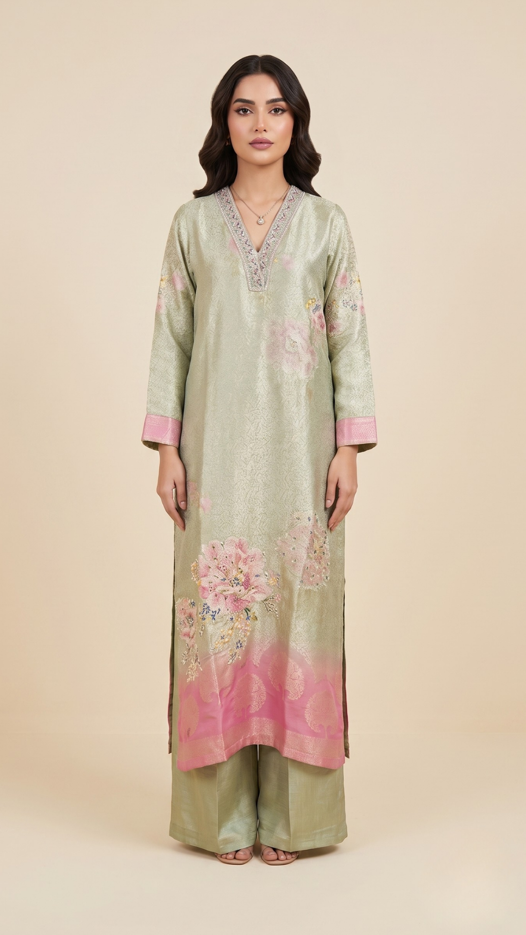 Premium Pastel Floral Print Straight Kurta With Palazzo & Dupatta Set
