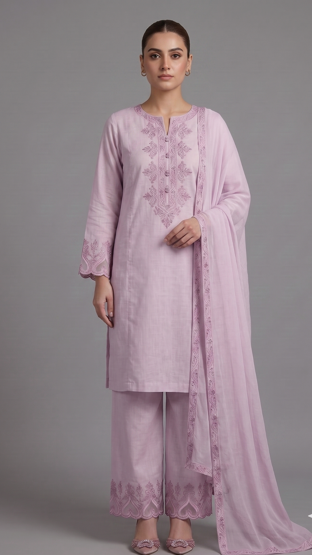 Banarashe Women’s Light Pink Embroidered Straight Kurta with Palazzo Pants & Matching Dupatta Set