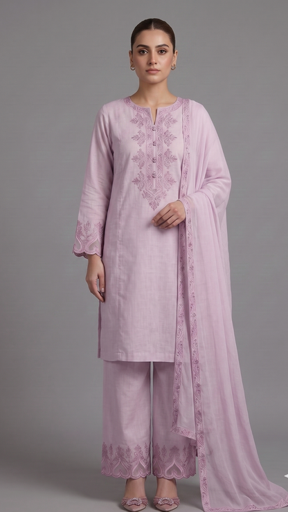 Banarashe Women’s Light Pink Embroidered Straight Kurta with Palazzo Pants & Matching Dupatta Set