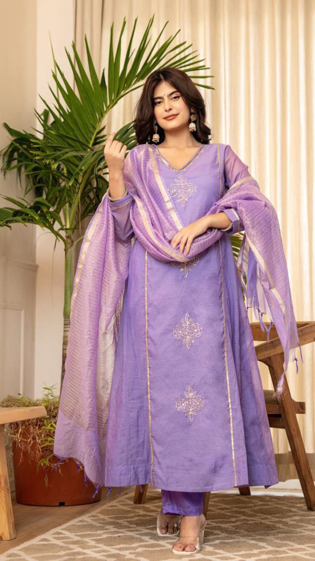 Lavender Premium Mul Chanderi Embroidered Anarkali Kurta Pant Set with Banarasi Dupatta
