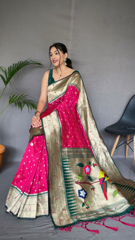 Rani Pink Polka Paithani Silk Saree with Rich Bird Motif Pallu & Tassels