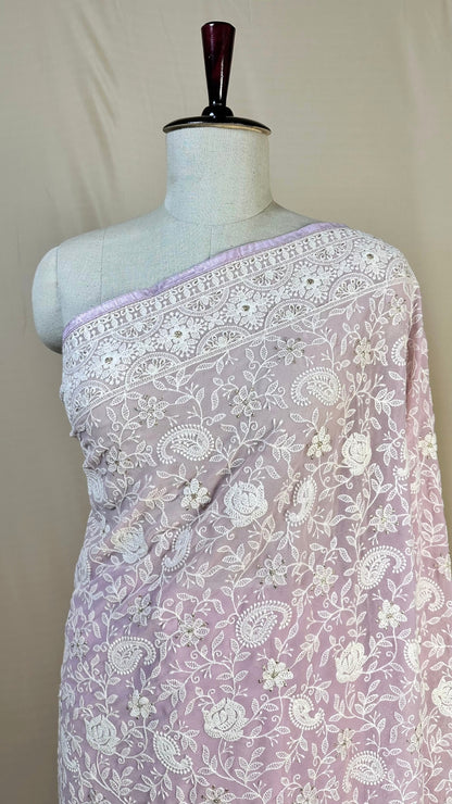 Elegant baby pink chikankari Saree with White Floral Embroidery,