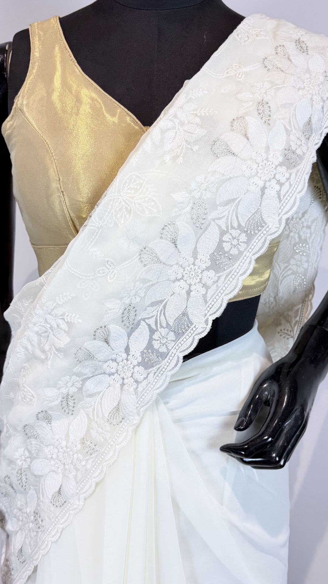 White Semi Chikankari Embroidered Saree with Floral Border Work