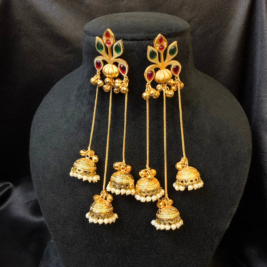 Traditional Kashmiri Jhumka Earrings Gold-Plated Long Dangler Earrings with Pearl Drops