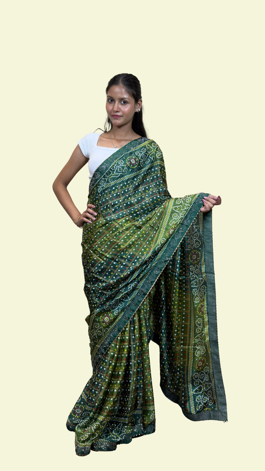 Dark Green Bandhani Print Embellished Soft Silk Saree