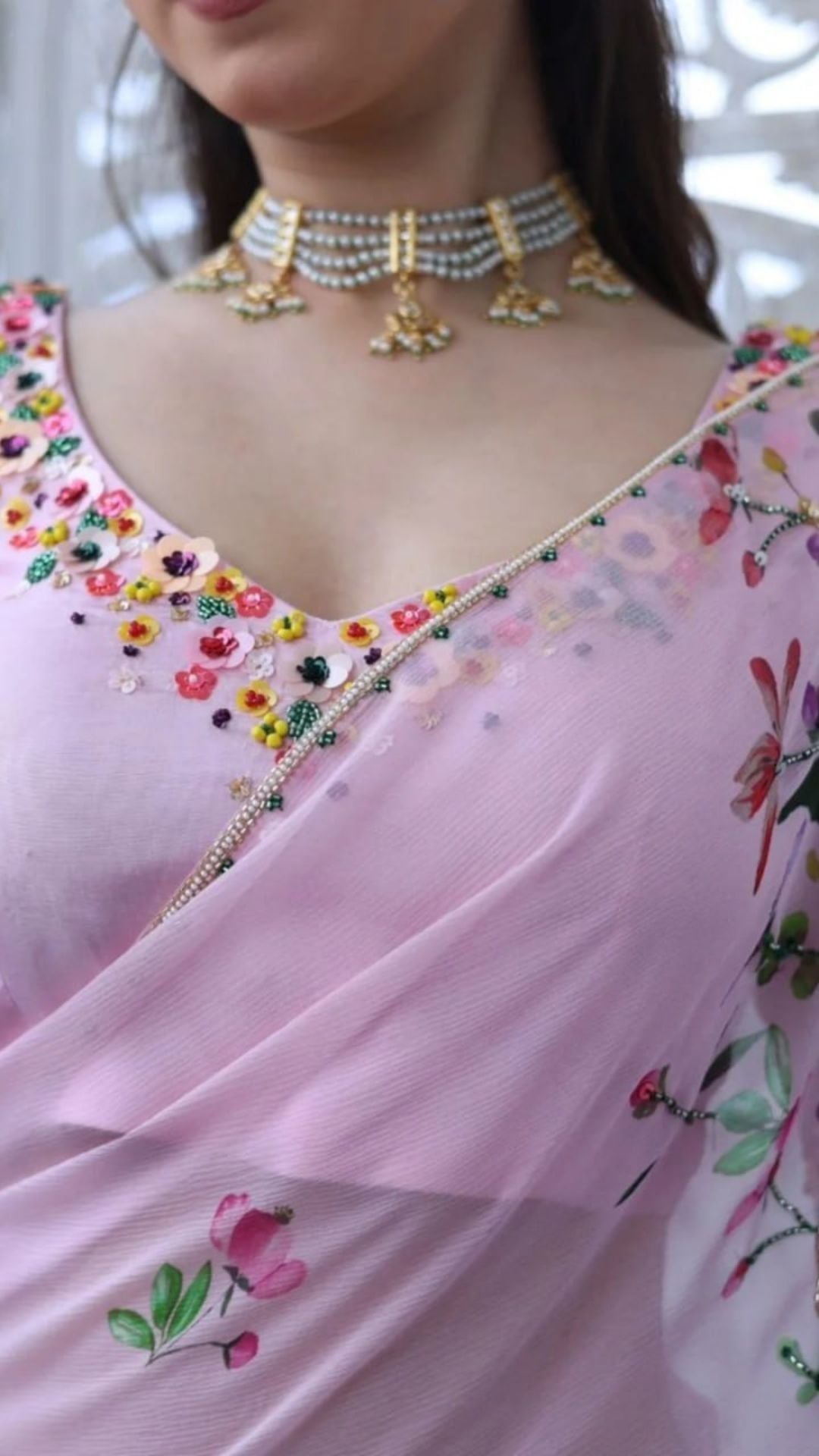Blush Pink Floral Tabby Silk Saree with Handworked Sequins & Katdana Border