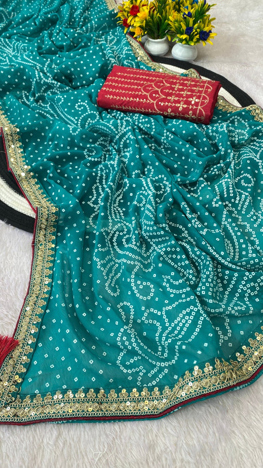 Teal Green Georgette Bandhani Saree