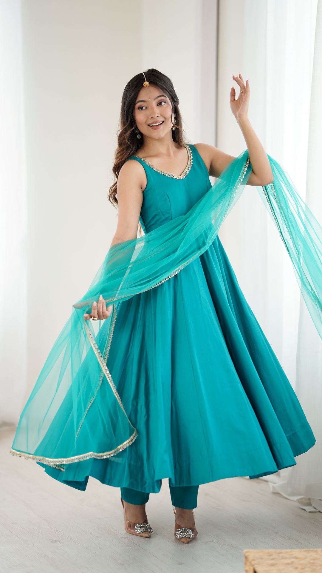 Rama Green Chanderi Silk Anarkali Suit with Dupatta for Women