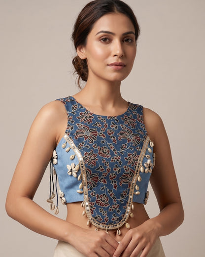 Blue Kalamkari Printed Halter Blouse with Cowrie Shells