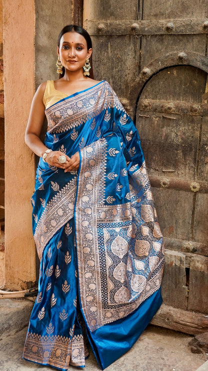 Midnight Peacock Blue Banarasi Silk Saree with Silver Zari Elegance