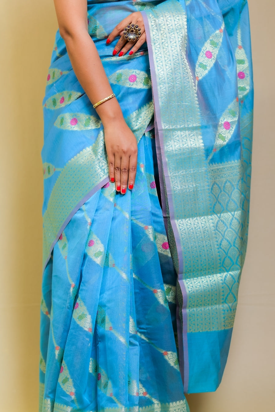 Majestic Aqua Blue Banarashe Pure Mercerised Cotton Silk Saree with Zari Motifs