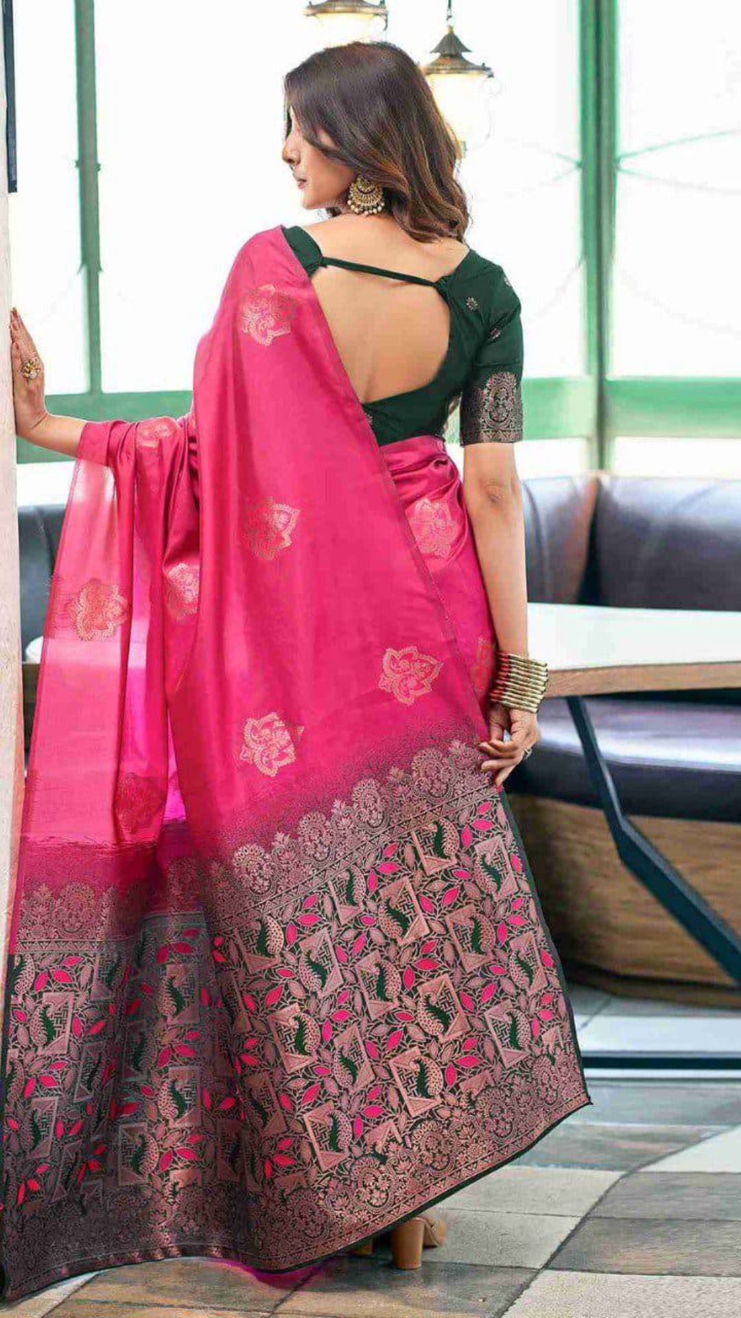 Rani Pink Soft Lichi Silk Saree with Rich Jacquard Pallu & Contrast Blouse