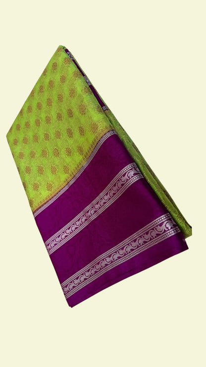 Green Raw Mango Silk Saree with Zari Booti Work & Wine Purple Designer Border