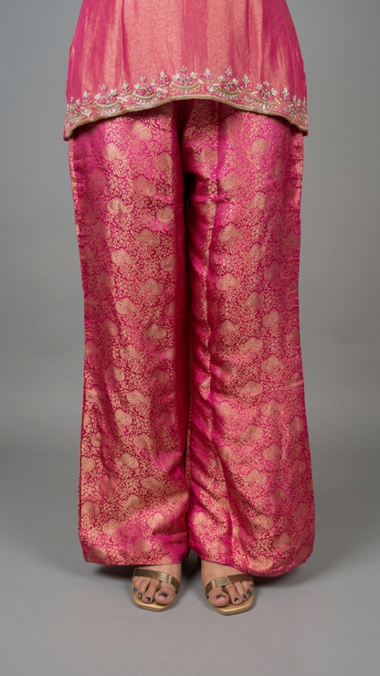 BanaraShe Pink Banarasi Brocade Indo-Western Palazzo Set with Corset Top
