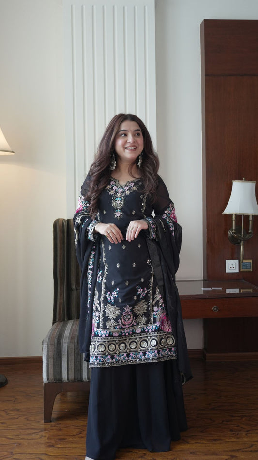 Midnight Black Embroidered Georgette Gown Set with Plazzo & Dupatta