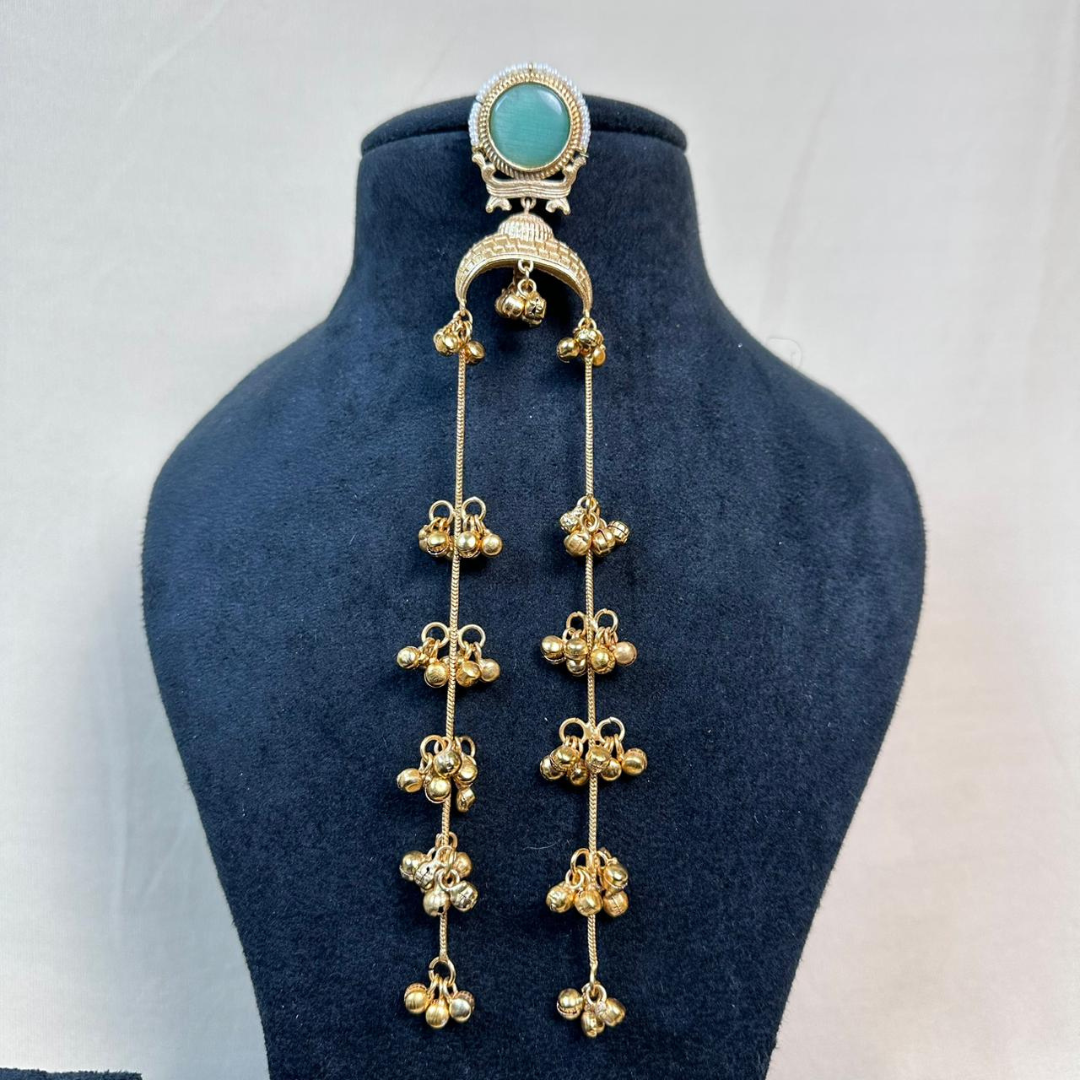 Banarashe Crescent Chain Earrings Sea Green Stone Temple Danglers for Festive Elegance