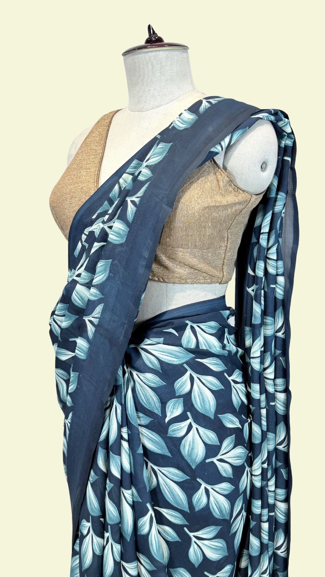 Navy Blue Leaf Printed Synthetic Saree